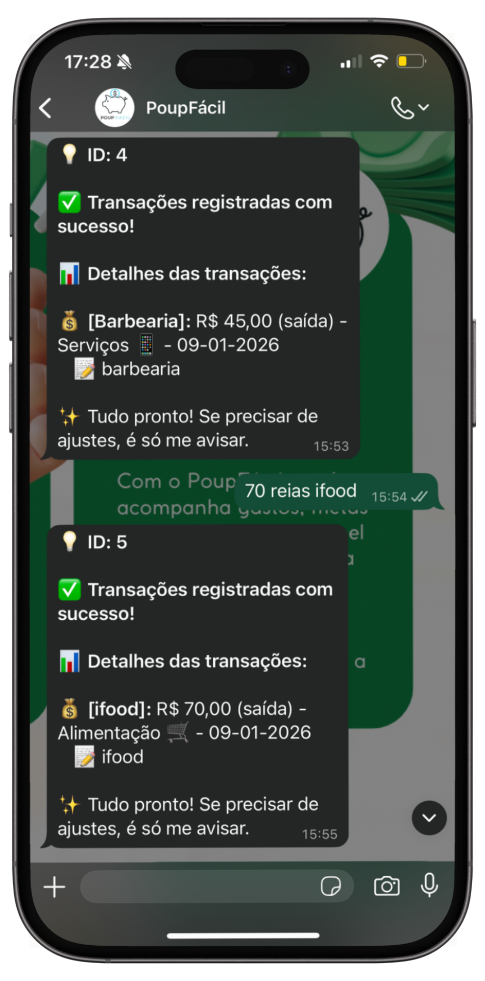 Captura de tela do WhatsApp com transação
